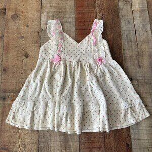 Vintage Baby Dress - Floral Pattern Lace Trim Pink Bows Made In Philippines